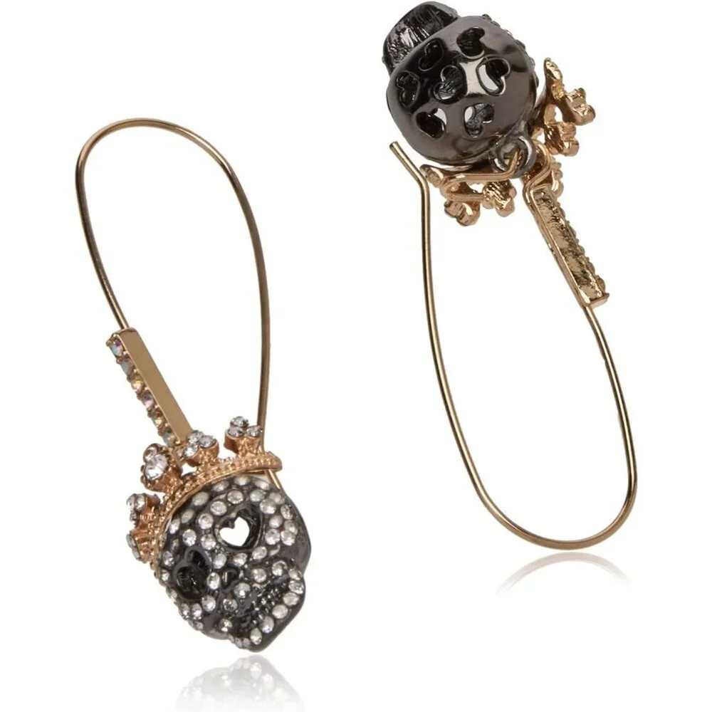 Women's Gold & Black Pave Skull Dangle Earrings Glass Metal 5 Inches Dangle